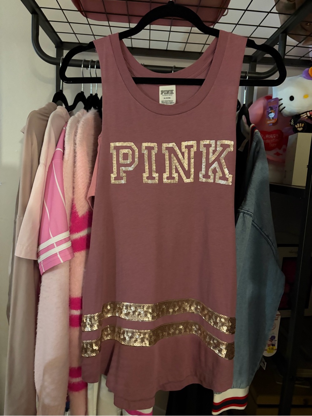 PINK Victoria's Secret Dusty Rose Tank Top with Gold Sequin Accents